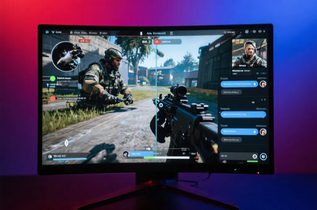 Gaming setup showing esports live stream chat and stats on monitor screen