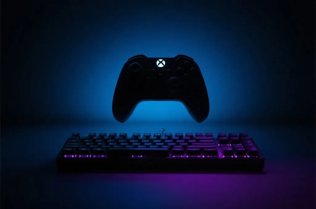 Sleek gaming controller and mechanical keyboard silhouette in a high-tech dark background with neon glow